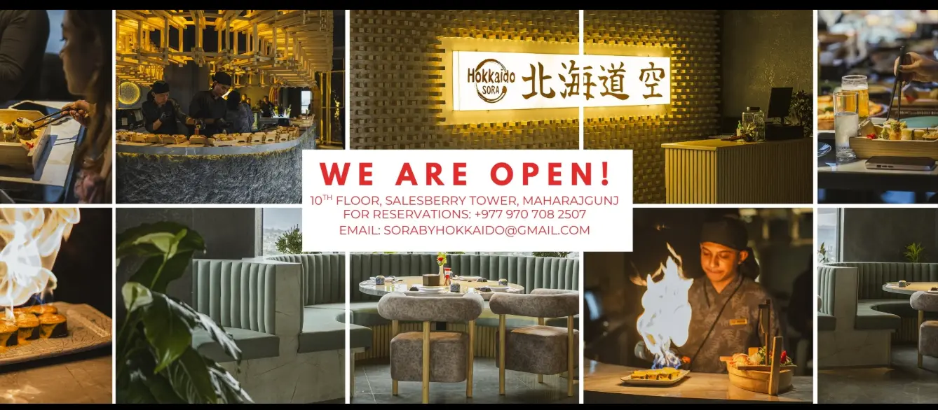 Opening collage of dishes, interiors and the rooftop.